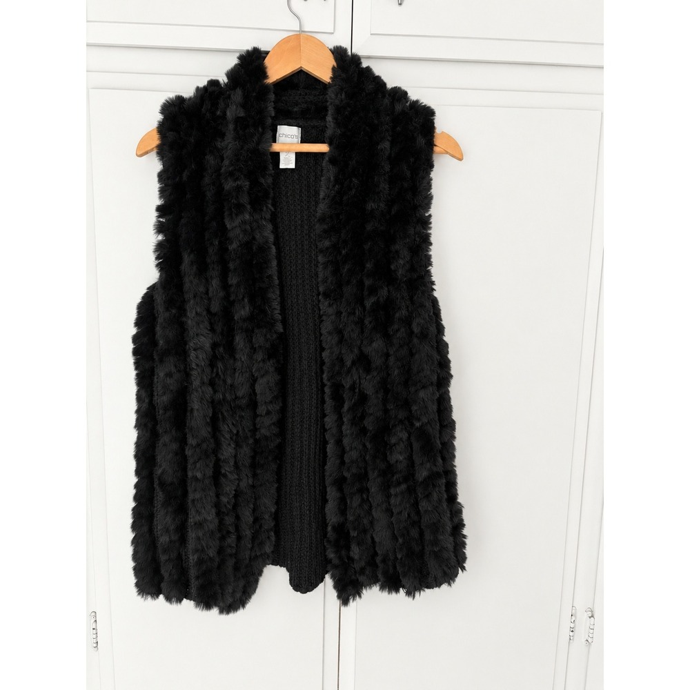 Chico's Black Faux Fur Knit Back Open Front Vest Size 2 Large